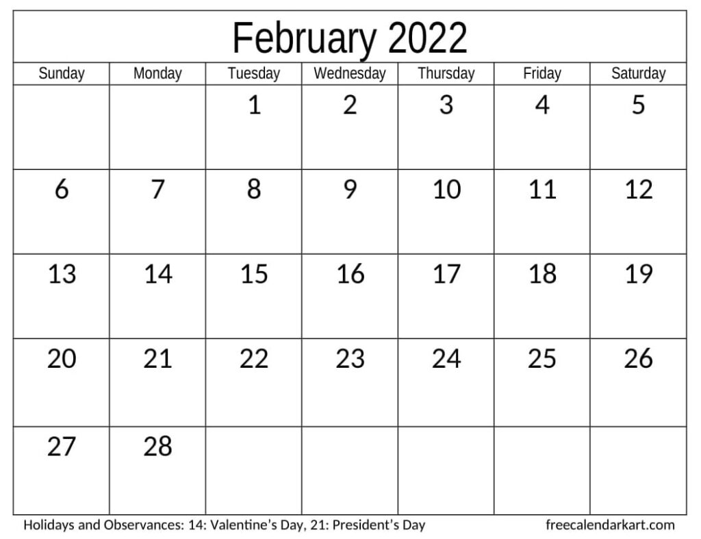 February 2022 Calendar Printable