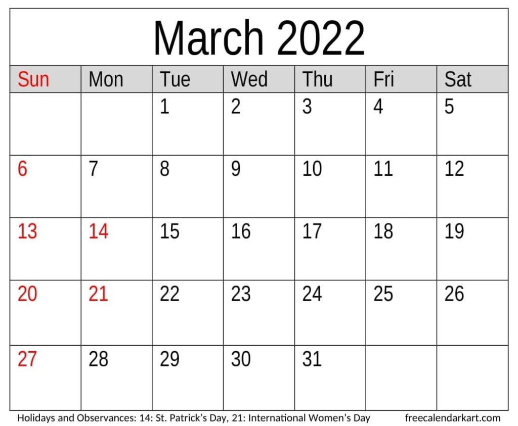 Printable March 2022 Calendar