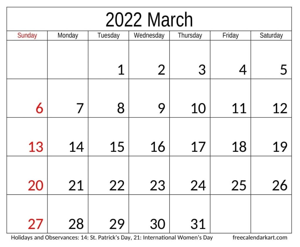 March 2022 Calendar With Holidays