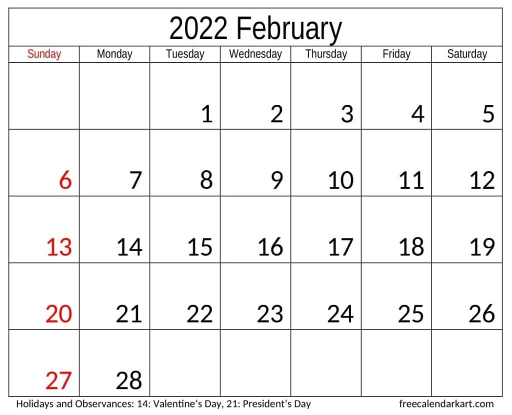 February 2022 Calendar With Holidays