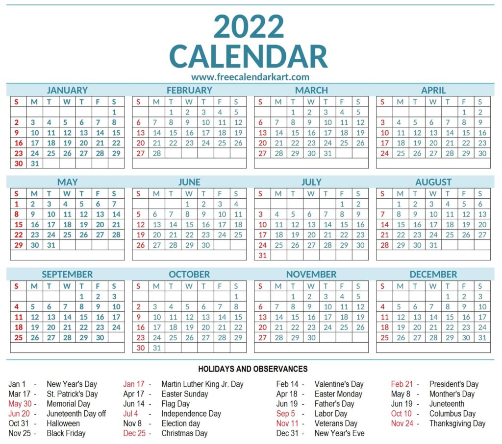 Yearly 2022 Calendar With Holidays