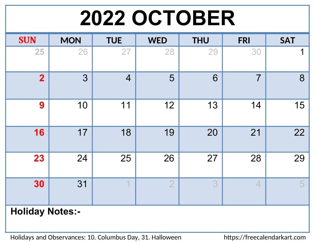 October 2022 Calendar Cute